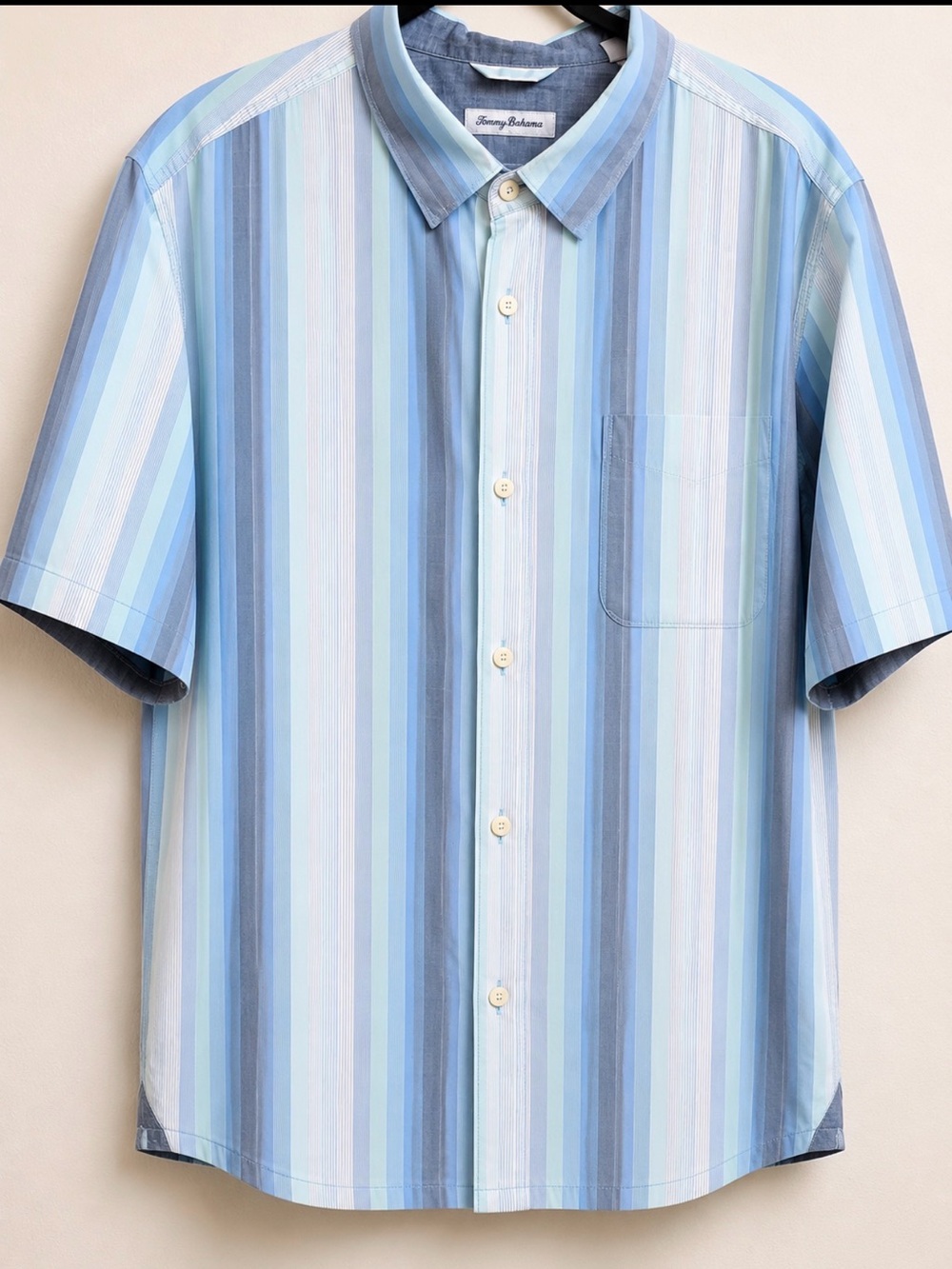 EUC Tommy Bahama Short-Sleeve Striped Button-Down Shirt in Light Blue and Navy - Picture 1 of 7